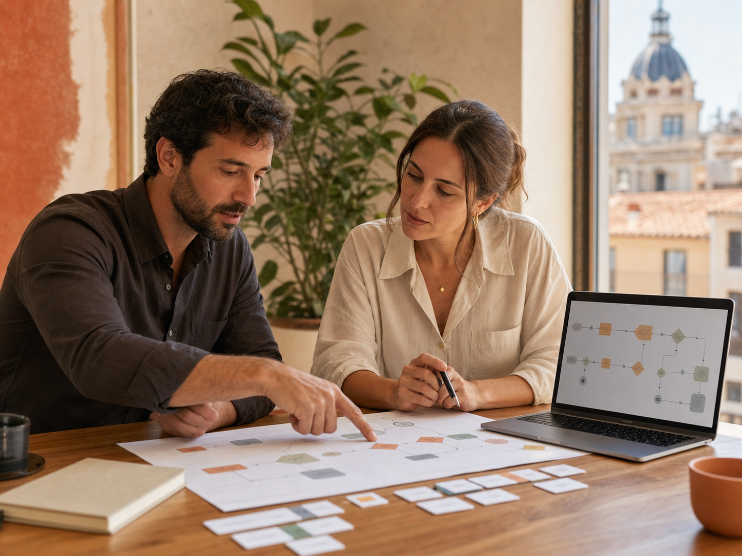 Responsable de una pyme y consultor definiendo un proceso para un agente de IA